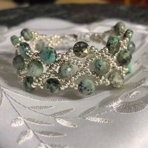 Hand Crafted African Turquoise Bracelet Silver tone accents 7 inches